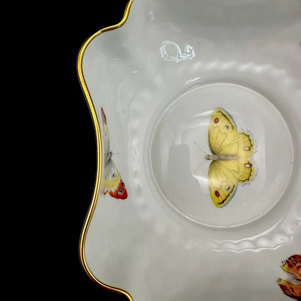 Antique L Bernardaud Limoges Butterfly Porcelain Bowls Pair Gold Gilt France